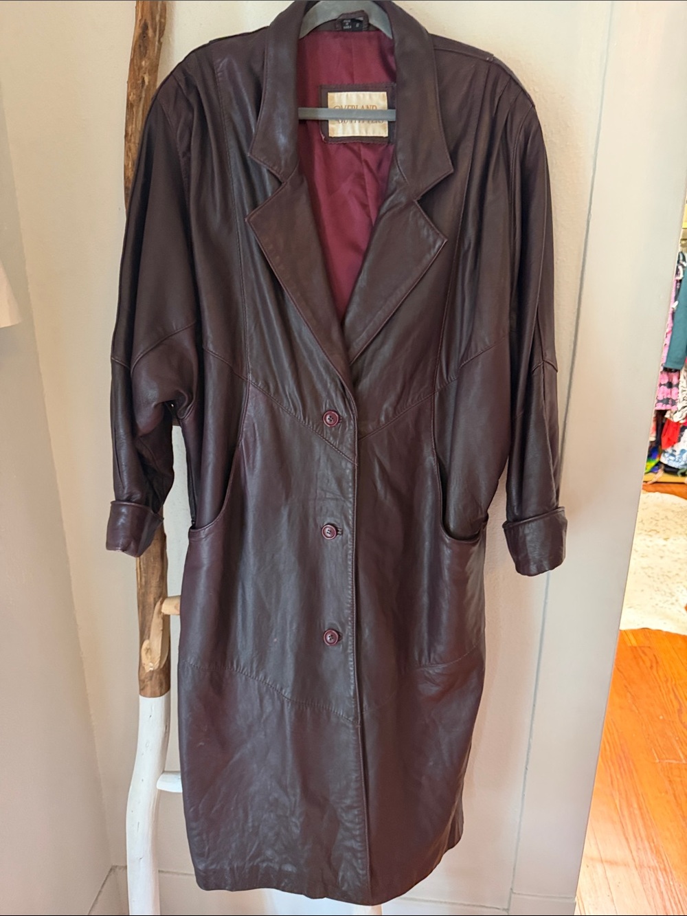Vintage Oxblood Oversize Leather Long Coat in Deep Burgundy S M L